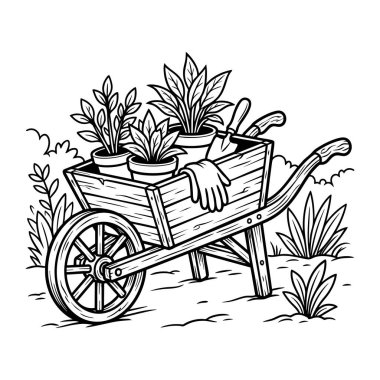 Bitkiler ve aletlerle dolu ahşap bahçe el arabası