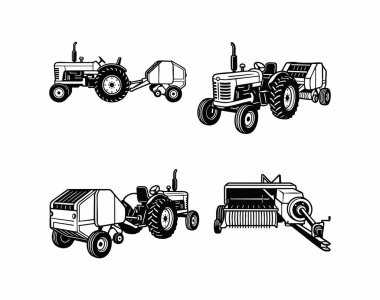 Klasik çiftlik traktörü ve balya silueti seti