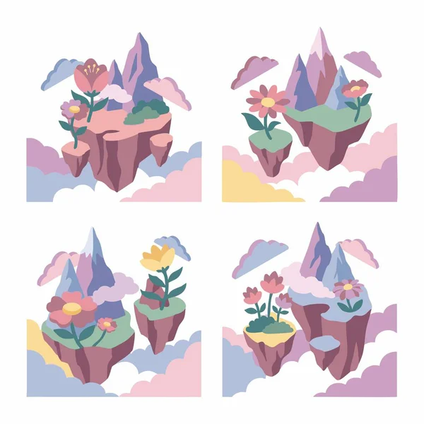 Çiçekleri ve dağları olan yüzen hayal adaları