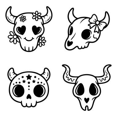 kawaii inek kafatası karalama ikonu seti