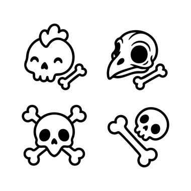 şirin kafatası ve kemik çizgi film ikonu seti