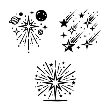 siyah yıldız patlaması ve uzay simgeleri ayarlandı