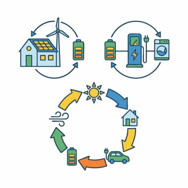 Yenilenebilir Enerji Döngüsü Güneş ve Rüzgar Gücü İkonları