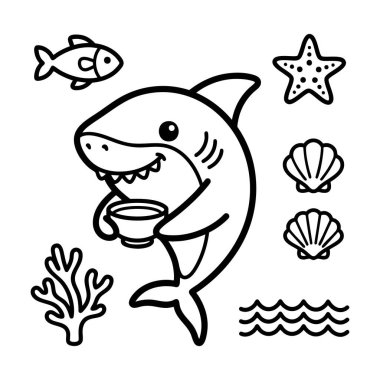 Şirin karikatür köpekbalığı ve deniz yaşamı çizimleri.