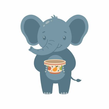 Elinde meyve dolu bir kâse tutan sevimli bir fil.