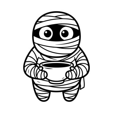 Elinde kahve tutan sevimli çizgi film mumyası.