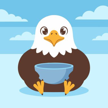 Tatlı kel kartal elinde bir kase tutuyor.