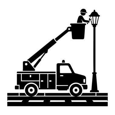 Siyah ve Beyaz Kamyon Kamyonu Sokak Lambasını Tamir Ediyor