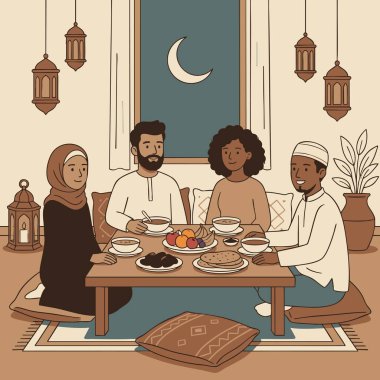 Çok ırklı arkadaş grubu birlikte kahvaltı yapıyor.