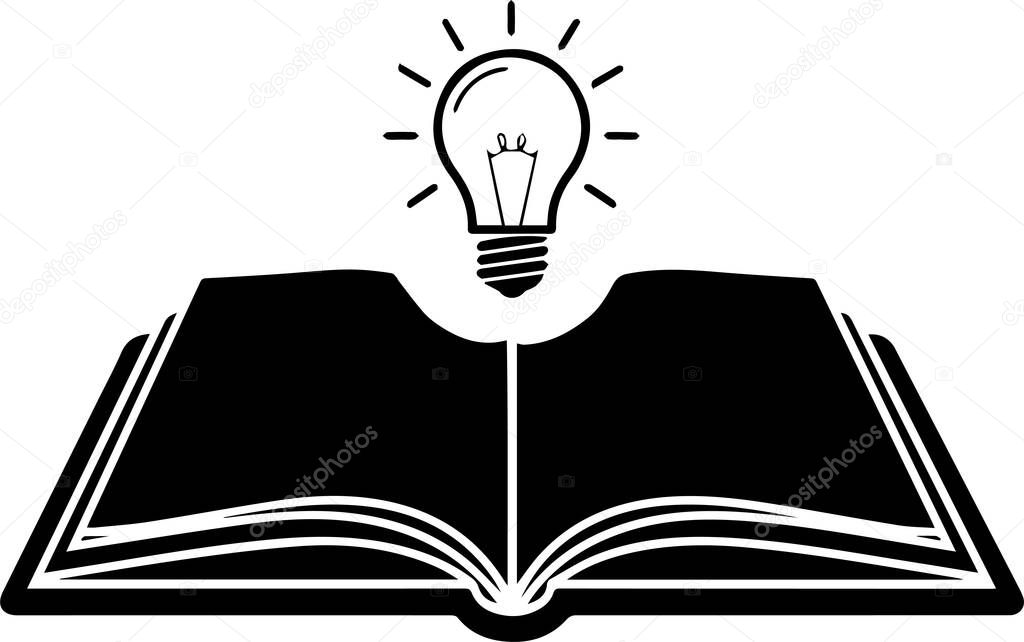 Open Book with Light Bulb Symbol of Knowledge and Creativity