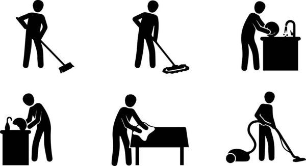 House Cleaning Icons Set  People Doing Household Chores Silhouette