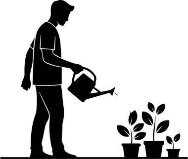 Su dolu saksı saksısı olan bir adamın silueti.