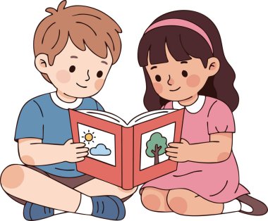 Şirin küçük oğlan ve kız birlikte oturup kitap okuyorlar.