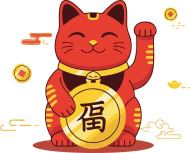 Çin Yeni Yılı Kırmızı Maneki-neko Şanslı Kedi Fu Coin Illustration ile