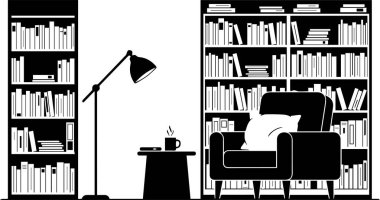 Armchair ve Bookrafves Silueti ile Ev Kütüphanesi İçi