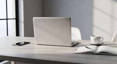 Laptop ve Kahveli Modern Minimalist Çalışma Alanı