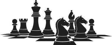 Satranç tahtasındaki Standart Satranç Parçalarının Siyah Silueti