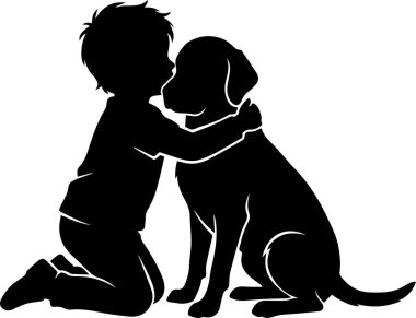 Beyaz arka planda sadık köpeğine sarılan küçük bir çocuğun silueti.