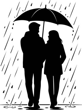 Yağmurda Şemsiye Altında Yürüyen Romantik Bir Çiftin Siyah Silueti