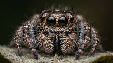 Zıplayan Örümcek Yüzün Makro Çekimi Büyük Gözler ve Yapraktaki Kıllı Doku