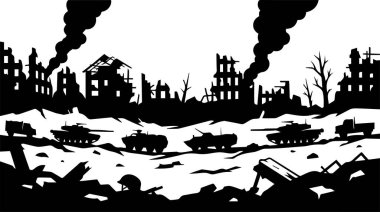 Tanklarla, zırhlı araçlarla ve harabe şehirlerle dramatik savaş alanı silueti