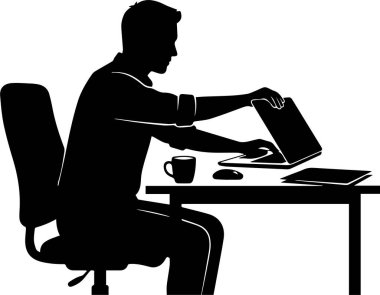 Masada çalışan ve bilgisayarını kapatan bir adamın silueti.