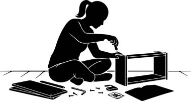 Evde bir tornavidayla DIY Mobilya monte eden genç bir kadının silueti.