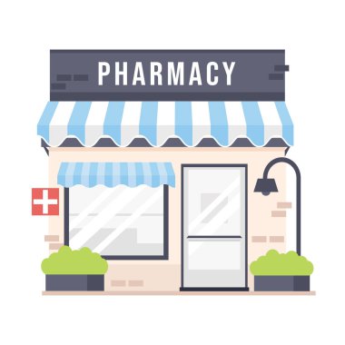 Şirin çizgi roman eczane cephesi ayrıntılı vektör çizimi. Beyaz arka planda izole edilmiş eczane evi. Dış bina inşa ediliyor