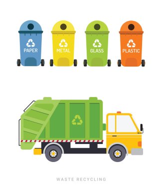 Atık temizleme, çöp kamyonu ve farklı türde çöp tenekesi düz vektör çizimi. Beyaz arka planda izole edilmiş. Atık ayıklama ve kamyonla ulaşım. Atık geri dönüşüm kavramı.