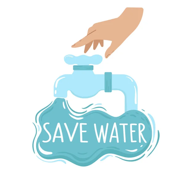 Human Hand Water Tap Splash Lettering Water Caring Environment Water — Stock Vector