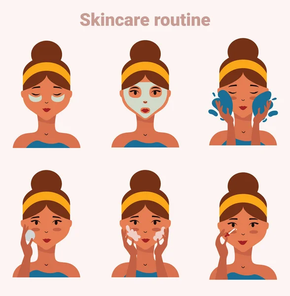 Woman Taking Care Her Face Skincare Steps Daily Skincare Routine — Stock Vector