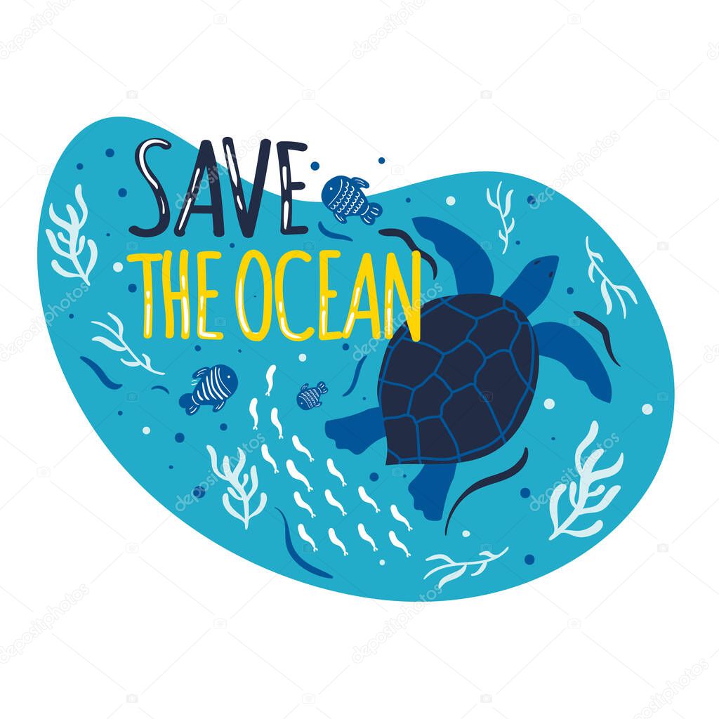 Save the Ocean. Sea, ocean wildlife - sea turtle, fish, plants. Plastic waste in ocean, sea pollution - bottles, plastic bags, straws. Cartoon style illustration. Keep the sea plastic free.