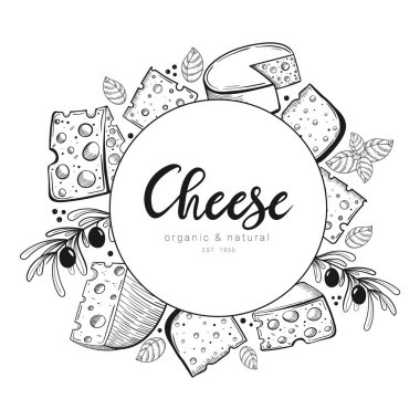 El çizimi peynirli daire çerçeve ve harfler. Eskiz stili, zeytin ve fesleğenli peynirin ana hatları. Süt ürünleri vektör illüstrasyonu.