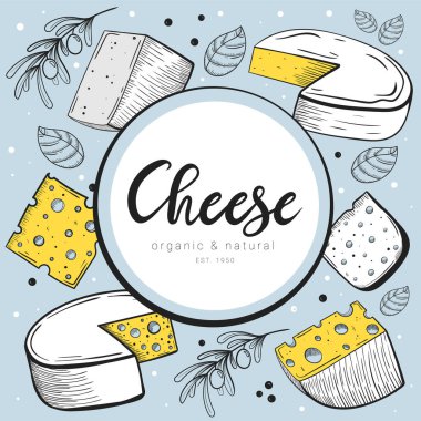 El çizimi peynirli daire çerçeve ve harfler. Eskiz stili, zeytin ve fesleğenli peynirin farklı renkte çizimi. Açık mavi arka plan, sarı ve beyaz renkler. Süt ürünleri.