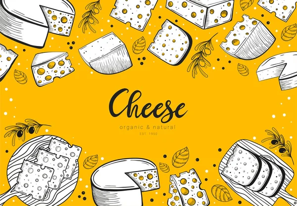 Handgezeichneter Käse Setzt Bannerrahmen Mit Schriftzug Skizzenstil Farbenfrohe Illustration Verschiedener — Stockvektor