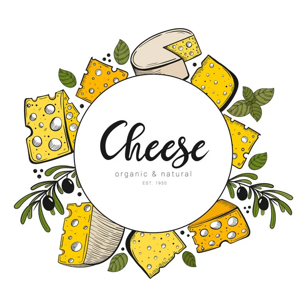 Handgezeichneter Käse Mit Kreisrahmen Und Schriftzug Skizzenstil Farbenfrohe Illustration Verschiedener — Stockvektor