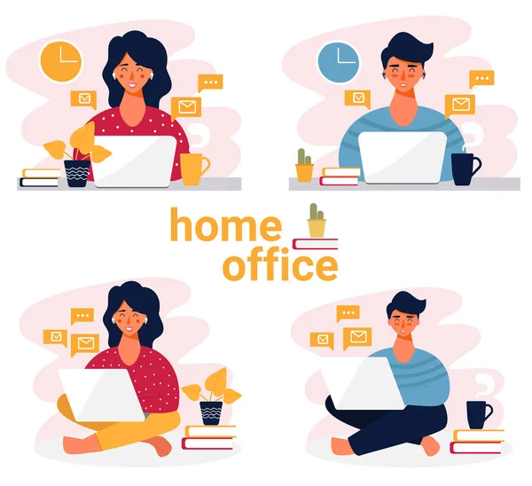 妇女和男子在家工作或学习 呆在家里 在家工作 从事计算机工作的自由职业者 在线工作 总公司 电子学习 平面风格插图 — 图库矢量图片