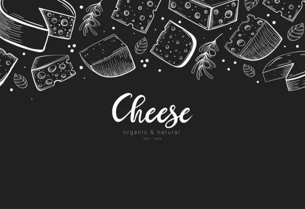 手绘奶酪设置横幅模板与字母在黑板上 雕刻风格的不同类型的奶酪与橄榄和罗勒插图 乳制品矢量粉笔风格图解 — 图库矢量图片