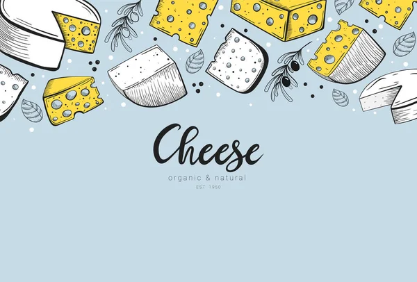 Hand Drawn Cheese Set Banner Template Frame Lettering Sketch Style — Stock Vector