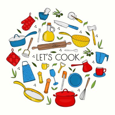 Renkli mutfak gereçleri ve sofra takımlarının el çizimi koleksiyonu. Çizgi film stili, karalama malzemesi çerçevesi, daire şeklinde. Mektup - Yemek pişirelim