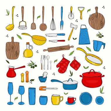 Renkli mutfak gereçleri ve sofra takımlarının el çizimi koleksiyonu. Çizgi film tarzı, Doodle Yemek pişirme ekipmanı seti.