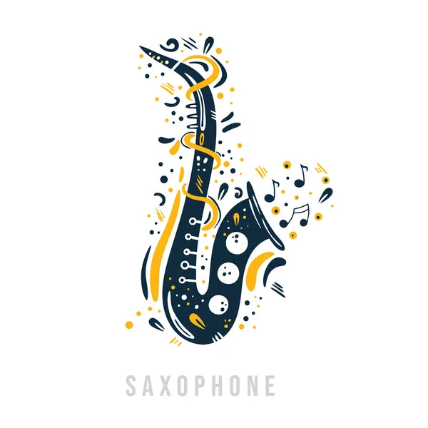 Saxofón Dibujado Mano Con Notas Cintas Puntos Alrededor Diseño Creativo — Archivo Imágenes Vectoriales