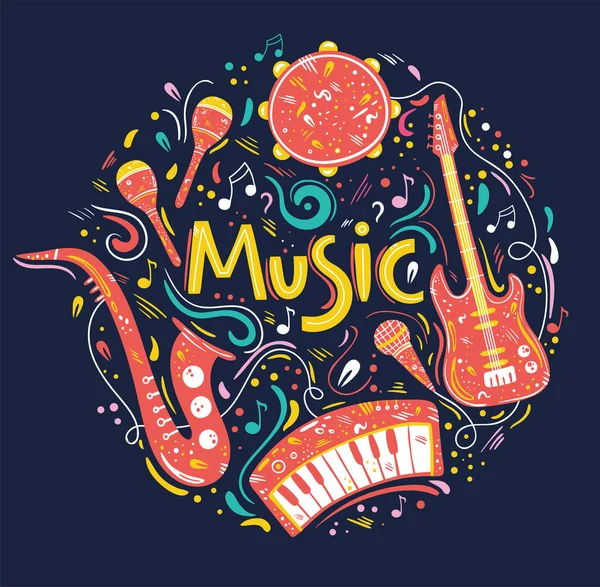 Illustration Cercle Dessinée Main Avec Instruments Musique Symboles Musicaux Notes — Image vectorielle