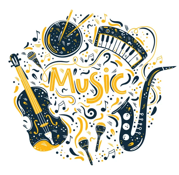 Illustration Cercle Dessinée Main Avec Instruments Musique Symboles Musicaux Notes — Image vectorielle