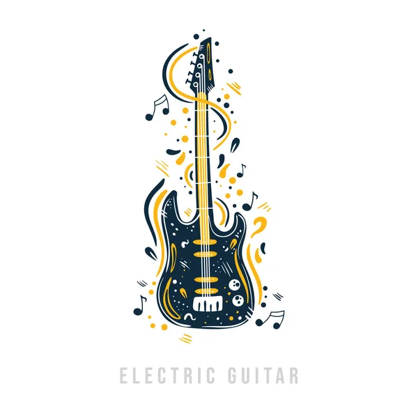 Hand Drawn Electric Guitar Notes Ribbons Dots Rock Roll Creative — Stock Vector