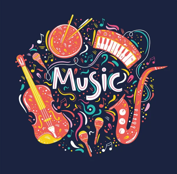 Illustration Cercle Dessinée Main Avec Instruments Musique Symboles Musicaux Notes — Image vectorielle
