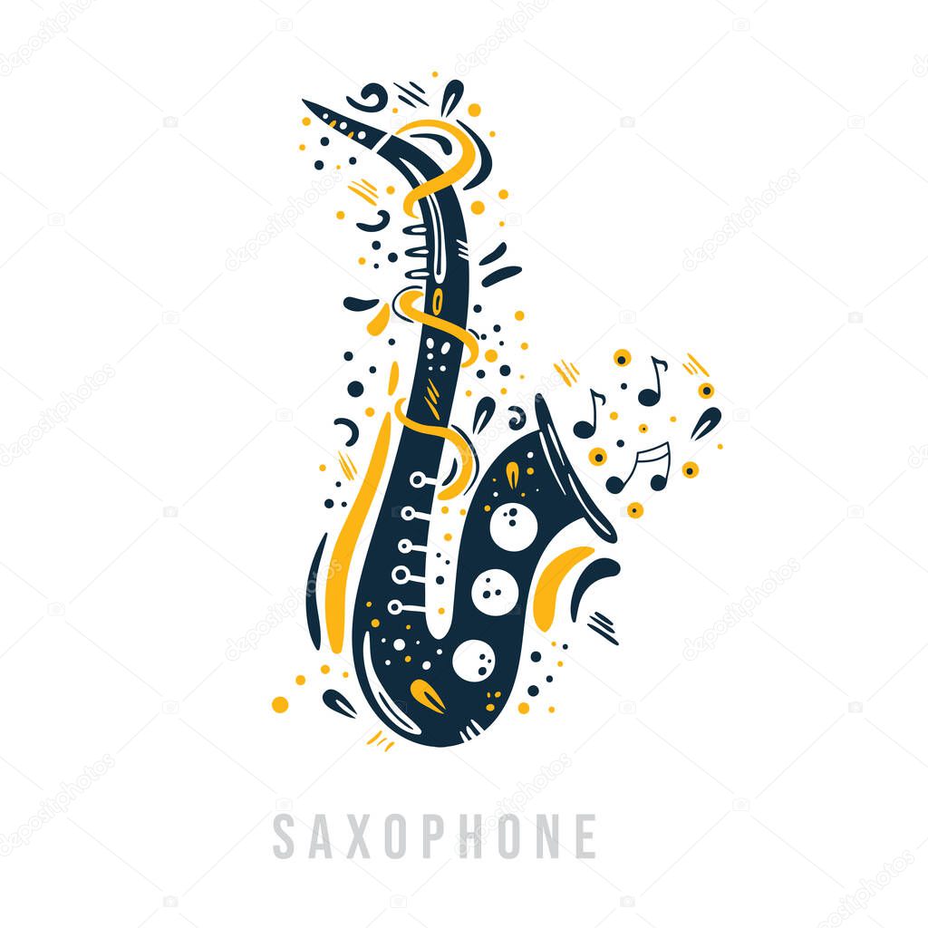 Hand drawn saxophone with notes, ribbons and dots around it. Creative design of woodwind musical instrument. Can be used for poster, t-shirt, music festival banner, cover, logo.