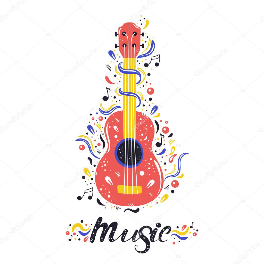 Hand drawn cartoon style ukulele with notes, ribbons and lettering text around it. Small guitar, string music instrument. Bright, colorful, abstract design for poster, t-shirt, banner, card, cover.