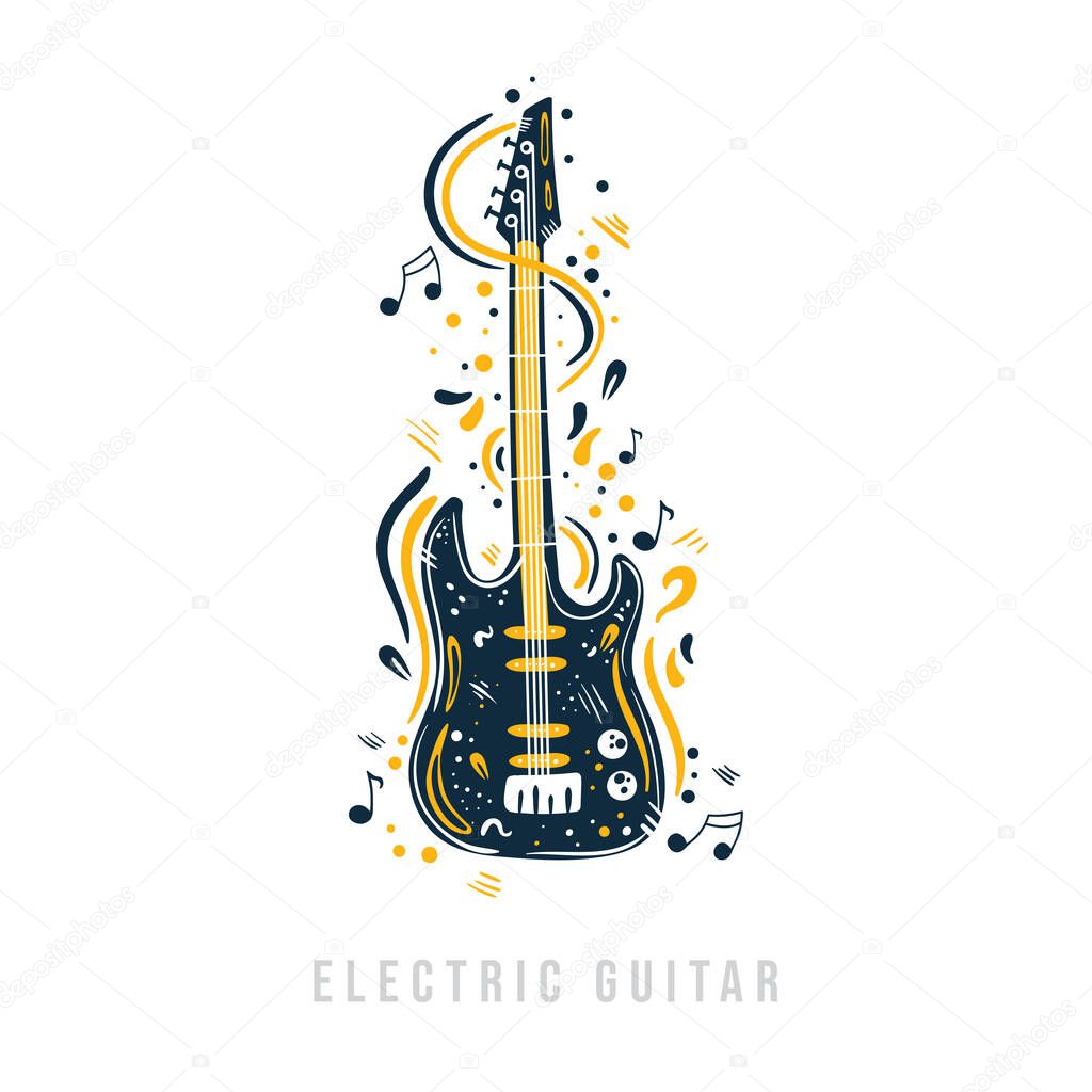 Hand drawn electric guitar with notes, ribbons and dots around it. Rock and roll creative design guitar. Can be used for poster, t-shirt, music festival banner, cover, logo.