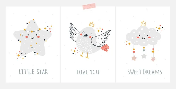 Hand Drawn Nursery Card Set Star Little Bird Crown Cloud — Stock Vector